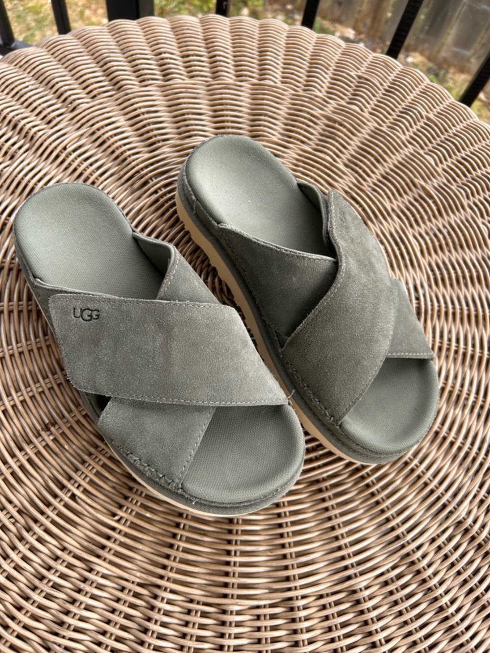 UGG Cross band Olive/army Green Suede Slide Sandals size 8